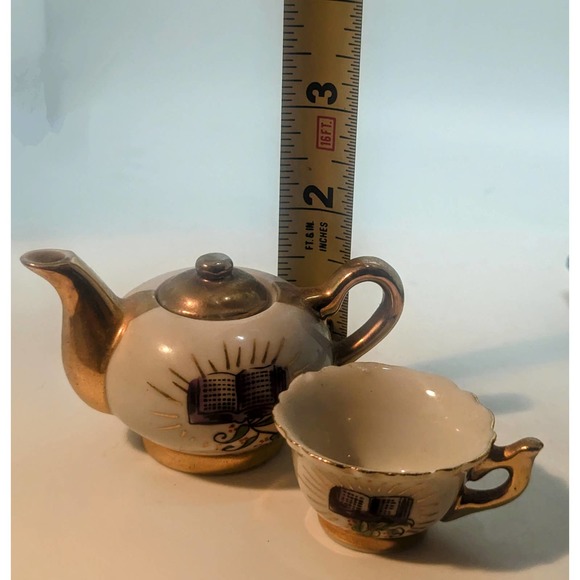 Miniature Teapot And Teacup Vintage Bible Print Religious Gold Plate Doll Teapot - Picture 7 of 7
